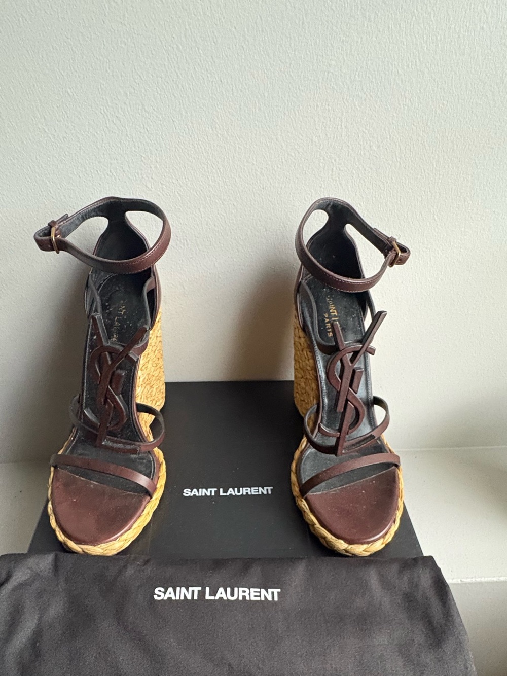 Saint Laurent Brown Leather YSL Logo Espadrille Wedge Sandals